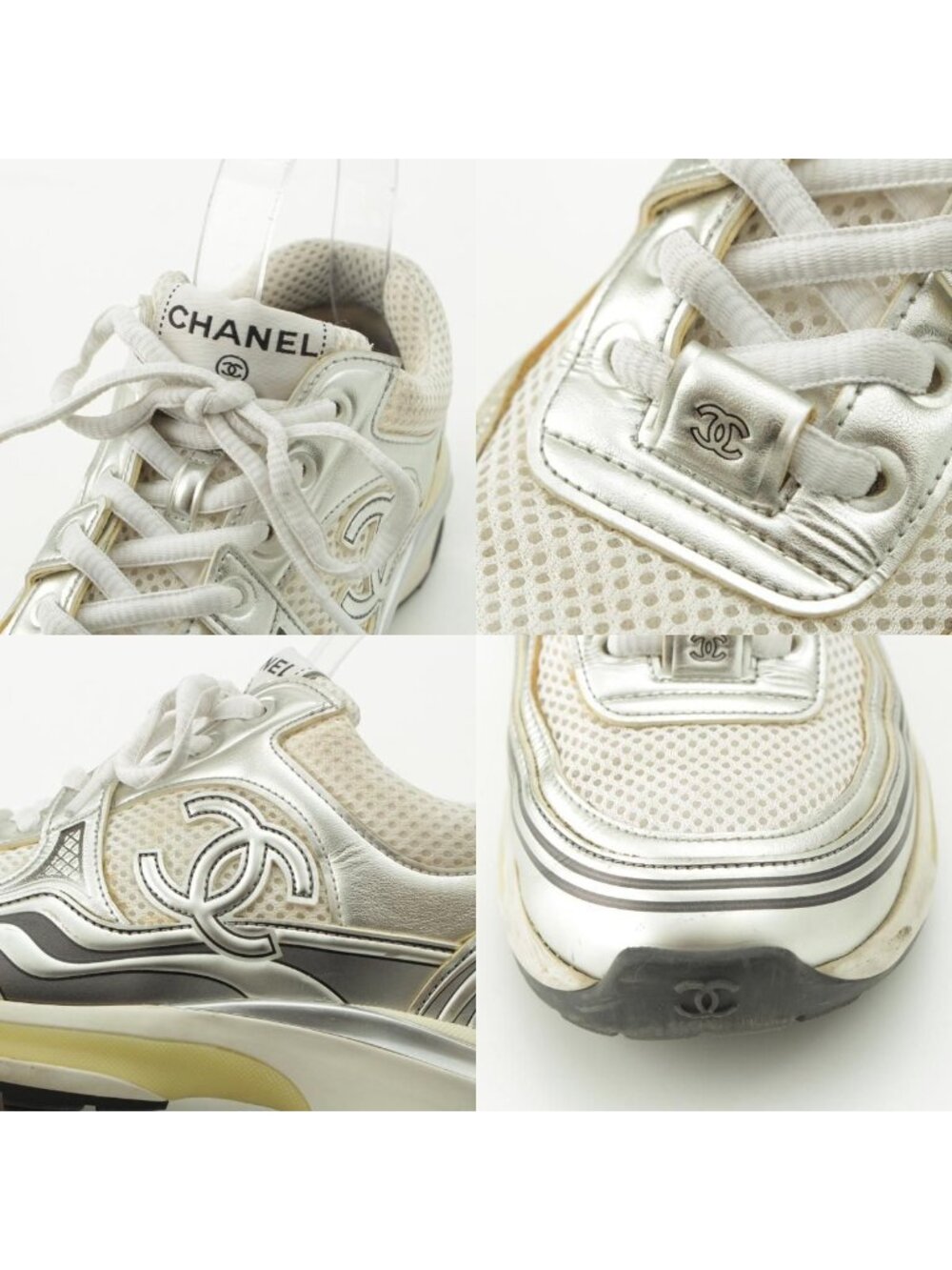 Chanel Mesh CC Logo Sneakers Low Cut Silver White - Picture 8 of 10